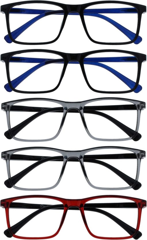 OPULIZE Ink Reading Glasses 5 Pack Large Rectangular Frame Spring Hinges Scratch Resistant Mens Womens RRRRR4